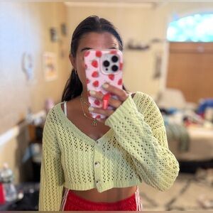 Light Green/ Purple Cropped Knit Cardigan